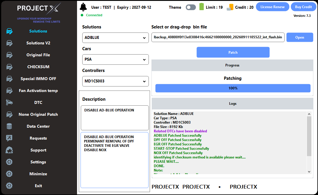 Project X desktop app with solution, car, and controller selectors, a binary file drop zone, and a Patch button
